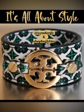 NWOT Authentic Tory Burch Cuff in Green Pattern Leather And Gold Signature Logo